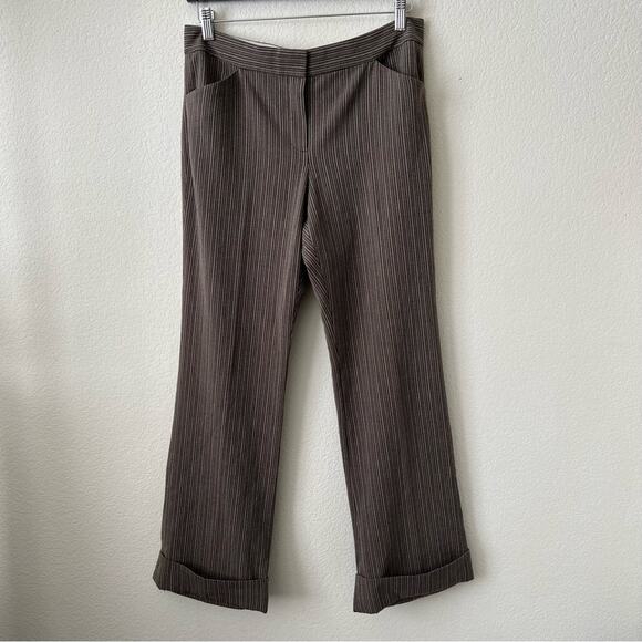 Tahari Brown Tan Plaid Stripe knit cuffed wide leg dress trouser pants - Picture 1 of 5